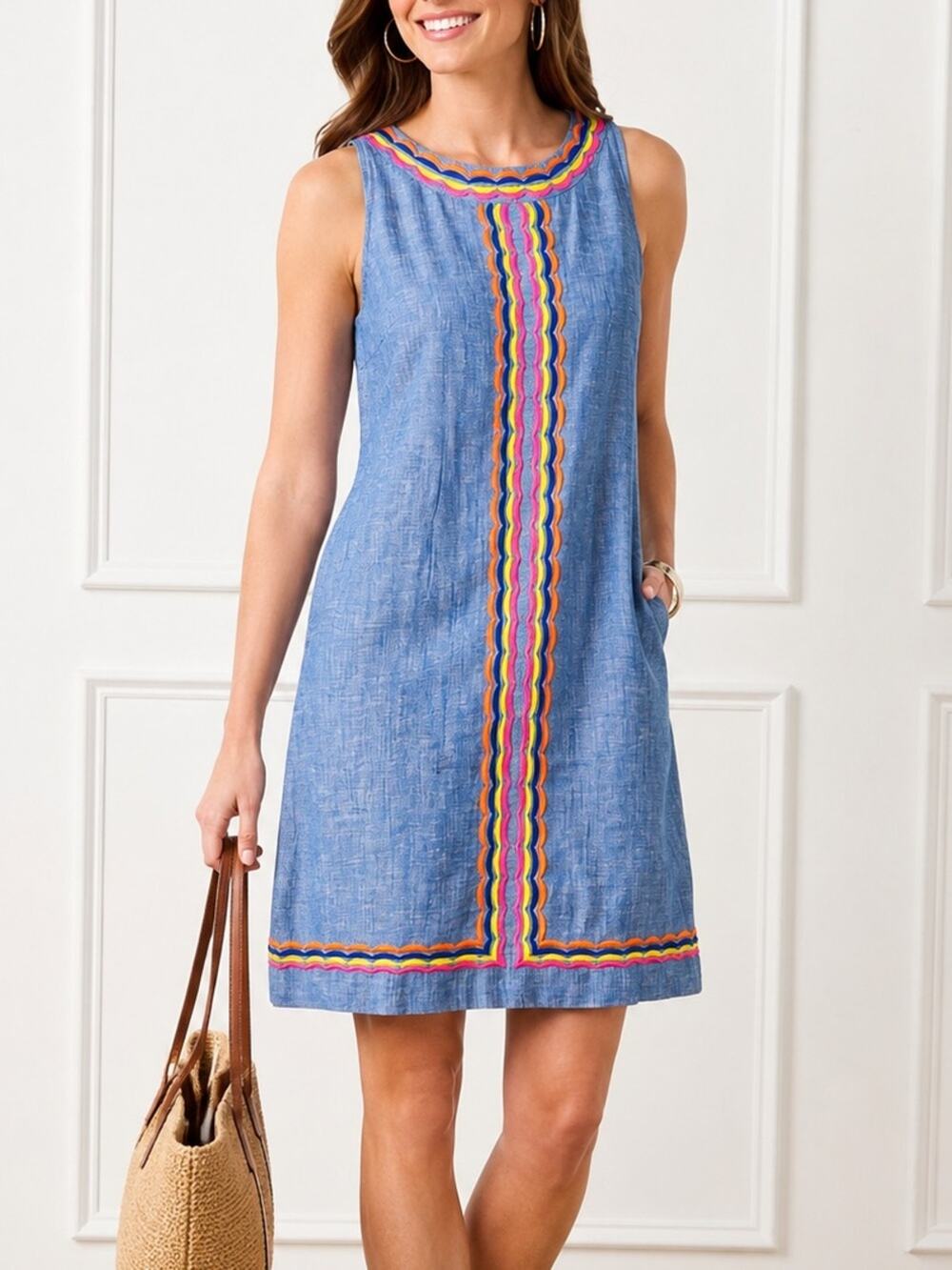 Talbots Petite Linen Blend Shift Dress Blue Neon Ric Rac Trim Sleeveless 4P